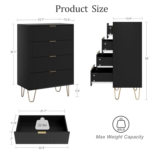 4 Drawer Dresser, Drawer Chest, Tall Storage Chest Cabinet Organizer Unit with Metal Legs, Small Dresser for Bedroom, Living Room, Closet, Hallway Black Stripe