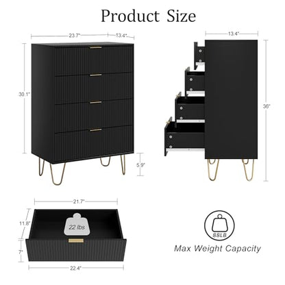 4 Drawer Dresser, Drawer Chest, Tall Storage Chest Cabinet Organizer Unit with Metal Legs, Small Dresser for Bedroom, Living Room, Closet, Hallway Black Stripe