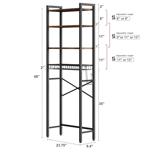 Over-The-Toilet Storage Rack, 4-Tier Bathroom Organizer Shelf Over Toilet with Adjustable Shelf and Basket, Freestanding Space Saver Bathroom Shelves Above Toilet for Room (Vintage Brown)
