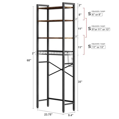 Over-The-Toilet Storage Rack, 4-Tier Bathroom Organizer Shelf Over Toilet with Adjustable Shelf and Basket, Freestanding Space Saver Bathroom Shelves Above Toilet for Room (Vintage Brown)