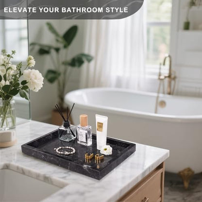 Marble Bathroom Tray for Countertop & Home Decor, Natural Decorative Marble Tray for Jewelry & Perfume Organizer, Luxury Stone Vanity Trays for Dresser, Kitchen Counter, 12" x 8", Gray Black