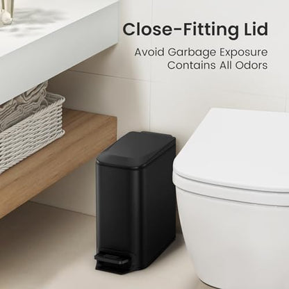 Cesun Small Bathroom Trash Can with Lid, 1.6 Gal, Soft Close, Matte Black | Step pedal soft close, Slim 5.9in fits narrow spaces, Stainless steel, Anti-fingerprint, Removable inner bucket, Odor seal