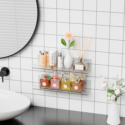 6 Pack Clear Acrylic Shelves for Wall with Adhesive,15 Inch No Drill Floating Shelves for Bathroom,Bedroom,Renter Friendly,Kids Room Bookshelf,Wall Display Shelf for Lego,Funko Pop,Figurine,Perfume
