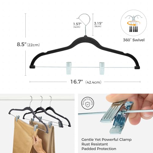 HOUSE DAY Velvet Pant Hangers with Adjudtable Clips 30 Pack, Black | Non Slip Suit Organizer with 360° Hook, Heavy Duty Hanger for Pants, Skirts, Shorts, Outfit Hangers All-Season Space Saver
