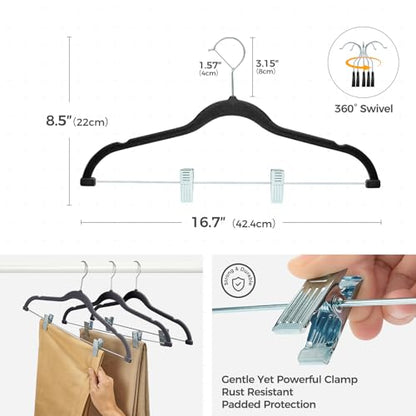 HOUSE DAY Velvet Pant Hangers with Adjudtable Clips 30 Pack, Black | Non Slip Suit Organizer with 360° Hook, Heavy Duty Hanger for Pants, Skirts, Shorts, Outfit Hangers All-Season Space Saver