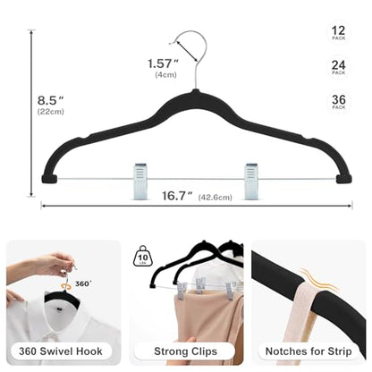 HOUSE DAY Skirt Hangers 24 Pack, Velvet Pants Hangers with Adjustable Clips | Black, Space Saving Slim Shorts Hanger, Heavy Duty Non Slip Clip Hanger for Pants, Skirts, Shorts - 0-15inch Movable Clips
