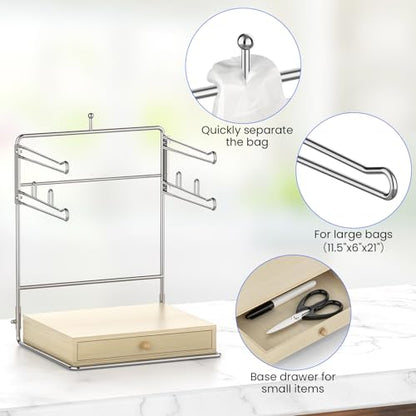 Plastic Grocery Bag Holder,Plastic Bag Organizer with Wooden Drawers Base for Grocery Store, Supermarket, Restaurant, Business
