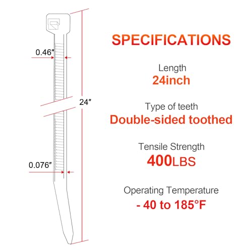 Long Zip Ties Heavy Duty 24 inch，400 LBS Tensile Strength With Double Sided Toothed Super Durable Cable Ties ，Extra Large Wire Ties Adjustable Nylon Tie Wraps for Indoor Outdoor （100 Pack Black）