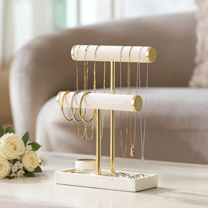 bussdis 2 Tier Bracelet Holder Display, Necklace Holder Organizer, Beige | Velvet Necklace Holder | Jewelry Tree | Jewelry Towers | Jewelry Stand Organizer for Necklaces, Bracelets, Earrings, Rings