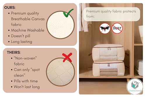 Canvas Storage Bags Designer Organizer for Clothing 2 Pack – Clothes Organizers for sweaters, clothing, garment, bedding, quilt, linens, large bag with zip & window, mothproof