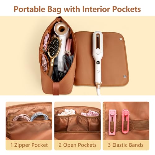 MOKURA Hair Tools Travel Bag with Heat Resistant Mat Fits Curling Iron | Hot Hair Accessories Organizer Case, Women Travel Essentials, Storage Pouch for Flat Iron Hair Dryer, Brown