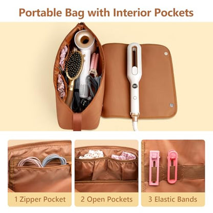MOKURA Hair Tools Travel Bag with Heat Resistant Mat Fits Curling Iron | Hot Hair Accessories Organizer Case, Women Travel Essentials, Storage Pouch for Flat Iron Hair Dryer, Brown