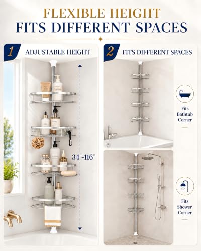 Rustproof Shower Corner Caddy Organizer for Bathroom, 4 Adjustable Shelves with Tension Pole, for Bathtub Shampoo Accessories Storage Holder, 34 to 116 Inch Height, Silver