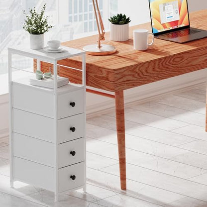 YBING Narrow Dresser for Bedroom, Slim Side Table with Drawer, Dresser Storage Cabinet with 4 Fabric Drawers, Chest of Drawers for Small Space, White