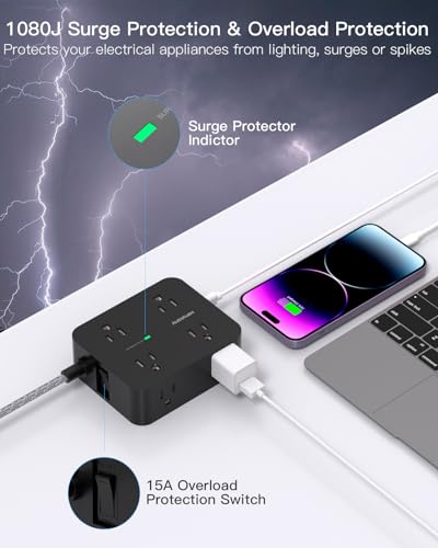 HANYCONY Surge Protector Power Strip, 1080J, 5 Ft Braided Extension Cord | 8 Outlets 4 USB Ports(2 USB C), Outlet Extender, Flat Plug, Wall Mount, Desk Charging Station, Home Office, Dorm Room ETL