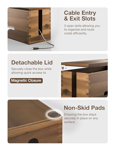 TIDITA Acacia Large Cable Management Box - 15" L Cord Box Hider, Power Strip Box for Office - Cable Hider Box, Surge Protector Box - Wire Box Hider for Desk - 3 Open Slots, Magnetic Lid (Walnut color)