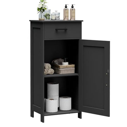 Bathroom Storage Cabinet with Drawer & Adjustable Shelf | Freestanding Storage Cabinet for Bathroom, Entryway, Living Room & Kitchen, Black, 15.7"W