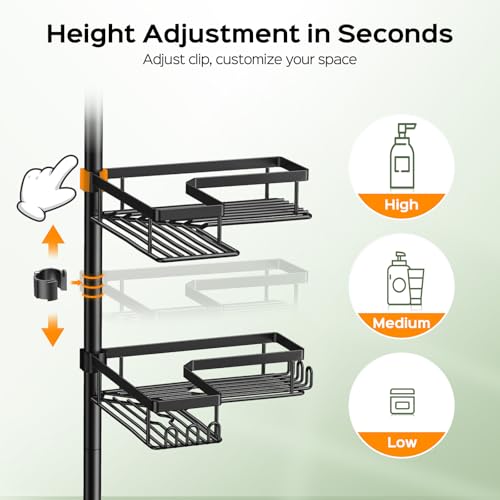 HAMITOR Shower Caddy Tension Pole: 4-Tier Corner Rustproof Bathroom Organizer with Soap Holder & Hooks - No-Drill Adjustable Shower Shelf for Renters - Family Stand Storage Rack - 47-123 Inch Black