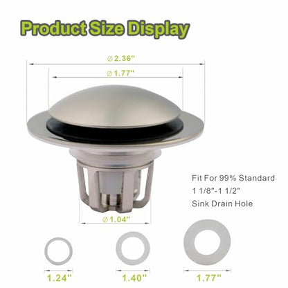 Pop Up Sink Drain Stopper Hair Catcher - Brushed Nickel 2 Pack | Universal bathroom， Fits 1-1/8 & 1-1/2 drains， Rust resistant brass， Waste plug drain replacement， Tool free quick odor stop.