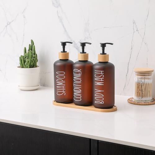Amber Shower Dispenser Set | Contains 3 PET Plastic Bottles, Shampoo and Conditioner Dispenser for Shower, Perfect for Modern Bathroom Decor