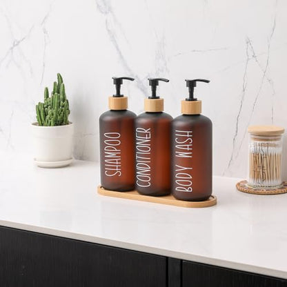 Amber Shower Dispenser Set | Contains 3 PET Plastic Bottles, Shampoo and Conditioner Dispenser for Shower, Perfect for Modern Bathroom Decor