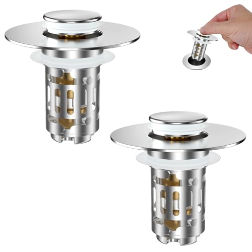 Hibbent 2 Pack Universal Bathroom Sink Drain Strainer, 3 in 1 Pop Up Stopper with Removable Stainless Steel Filter Basket, Brass Bullet Core, Hair Catcher Sink Plug for 1.1''~2.36'' Hole, Chrome