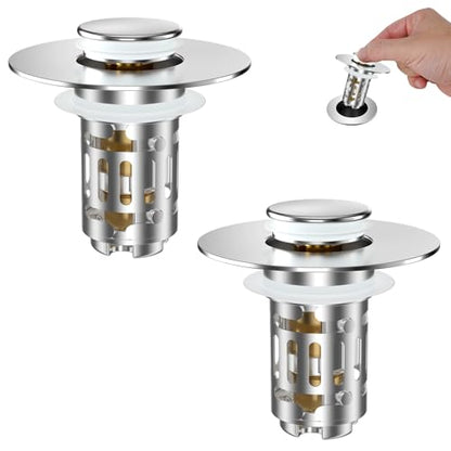 Hibbent 2 Pack Universal Bathroom Sink Drain Strainer, 3 in 1 Pop Up Stopper with Removable Stainless Steel Filter Basket, Brass Bullet Core, Hair Catcher Sink Plug for 1.1''~2.36'' Hole, Chrome