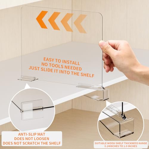 6 Pack Acrylic Shelf Dividers for Closet Organization,Towel,Sweater,Purse Organizer - Adjustable Height - Vertical Shelf Separators for T Shirt,Clear Closet Shelf Divider for Wood Shelves