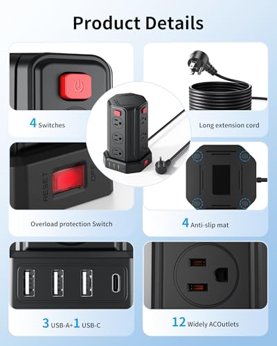 Power Strip 6.5 Ft Extension Cord with 12 AC Multiple Outlets 4 USB (1 USB C), SMALLRT Power Strip Tower Desktop Charging Station for Home Office College Dorm Essentials