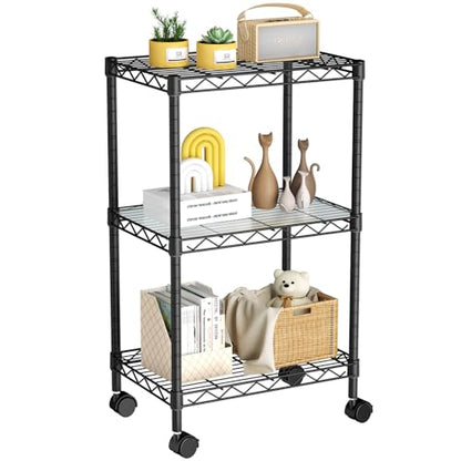 Small Shelves Storage Wire Metal Adjustable Shelf Unit with Wheels | 3 tier Shelving Organizers Storage Shelving for Bathroom Laundry Room Kitchen Pantry 11.7”D x 17.7”W x 30.7”H Black