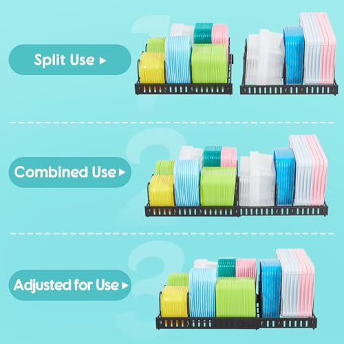 Expandable Food Container Lid Organizer,Large Capacity Adjustable 8 Dividers Detachable Lid Organizer Rack for Cabinets, Cupboards, Pantry Shelves, Drawers Keep Kitchen Tidy,Black 10.2”wide,3.6 Pound.
