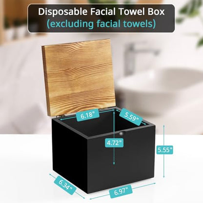 Disposable Face Towel Holder, Wooden Face Towel Container Compatible with Clean Towels XL, Face Towels Storage Box with Lid, Makeup Remover Organizer for Vanity, Bathroom, Black