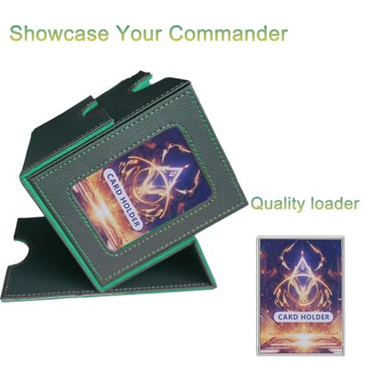 CMFYlive Card Deck Box for Commander Deck Box MTG Deck Box Fits 100 Double Sleeved Cards, Magic Commander TCG Card Storage Box with 2 Dividers,Drawstring Bag and 1 Toploader (Black/Green)