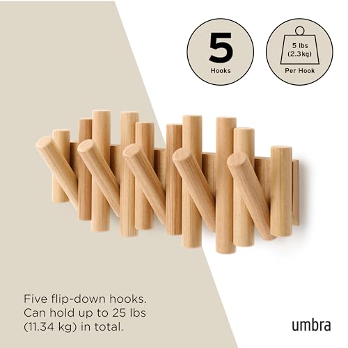 Umbra Picket Coat Rack, Wall Mount 5 Flip-Down Coat Hooks, Natural | Beveled pine wood dowels, supports up to 5 lbs, mounting hardware included, space saving