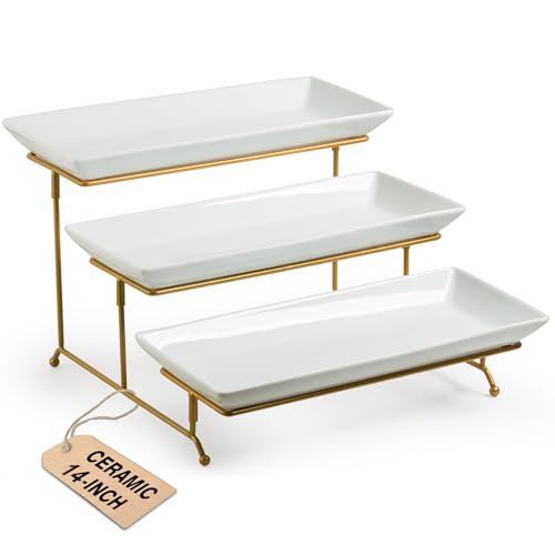 LAUCHUH Large 3 Tier Serving Stand Porcelain Tiered Serving Trays for Party | 14 Inch Serving Trays & Platters with Collapsible Sturdier Rack Dessert Party Display Set for Fruit Cupcake Snack Salad, Gold