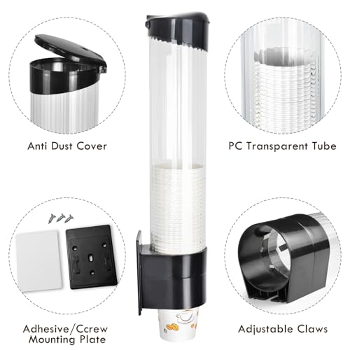 LBTING Cup Dispenser, Fits 7oz - 12oz Cone or Flat Bottom Cups | Water Cooler Pull Type Cup Holder, Paste or Screw Plate Wall Mount, Black, 16.9" Tube Length