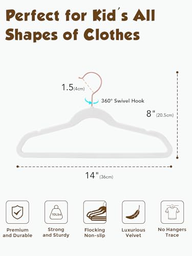 Kids Velvet Hangers 50 Pack, 14 Inch Premium Non Slip Kids Felt Hangers for Closet, Space Saving Toddler Clothes Hanger for Youth's Childrens' Clothes (Rose Gold Hook)- White