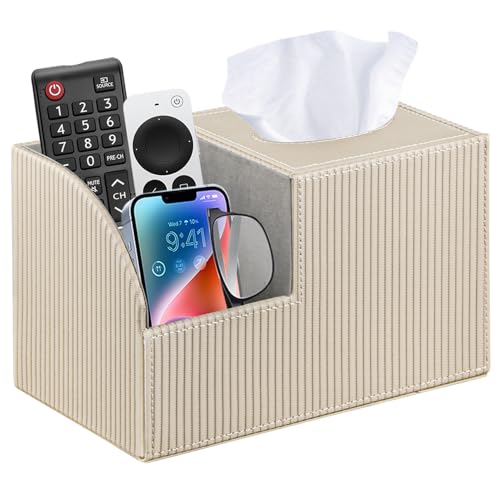 PUSU Square Tissue Box Cover with Storage and TV Remote Control Holder | Multi-Functional Cube facial Tissue Box Organizer for Bathroom,Vanity,Side table,Nightstand,End Table,Side table,Home Decor