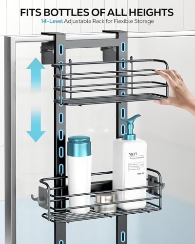 Nieifi Over The Door Shower Caddy, Adjustable Hanging Shower Organizer | Adjustable hanging baskets, 4 hooks, large capacity, rustproof steel, pantry organizer, drill free, for bathroom, black