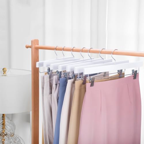 Nature Smile Deluxe Wooden Pants Hangers, White, Pack of 28 | Solid Wood Bottom, Jeans Hanger, Skirt Hanger, 2-Adjustable Clips