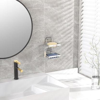 Moforoco Silver Double Soap Bar Holder for Shower, No Drilling Rustproof Stainless Steel, Wall Mounted Soap Holder with 4 Hooks and Razor Holder, Shower Rack Soap Tray Bar Soap for Bathroom & Kitchen