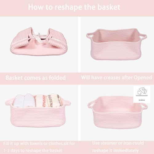 XUANGUO Medium Woven Cotton Rope Storage Basket with Handles, Light Pink | Small decorative rectangle storage bin for baby nursery items and cat toys; ideal as an empty gift basket or dog toy basket