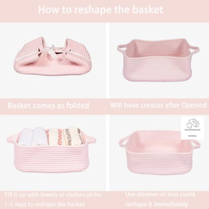 XUANGUO Medium Woven Cotton Rope Storage Basket with Handles, Light Pink | Small decorative rectangle storage bin for baby nursery items and cat toys; ideal as an empty gift basket or dog toy basket