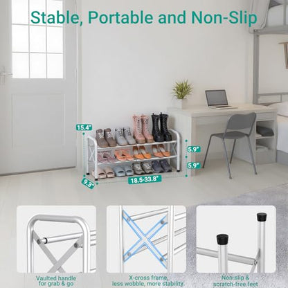 YEASHEIN 2-Tier Expandable Shoe Rack for Closet Floor, X-Frame - White | Metal Small Shoe Rack for Entryway, Adjustable Shoe Shelf Organizer, Free Standing Shoe Racks for Front Door Entrance, Garage
