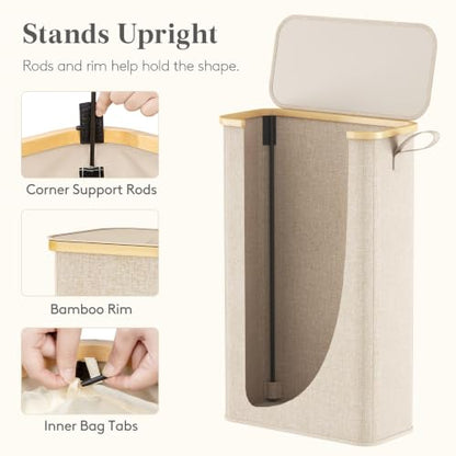 Lifewit 65L Slim Laundry Hamper with Lid, Narrow Laundry Basket with Removable Bag & Bamboo Handles, Fodable Thin Dirty Clothes Hamper for Laundry Collapsible Bin for Bathroom Bedroom Dorm, Beige