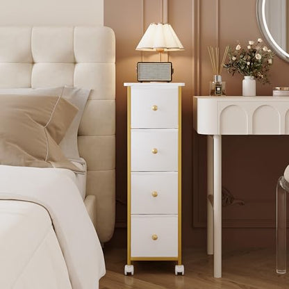 Narrow Storage Cabinet, Narrow Nightstand Dresser with 4 Drawers, Slim Fabric Dresser Storage Tower for Small Spaces, Gold Dresser for Bedroom, Bathroom, Laundry, Closet