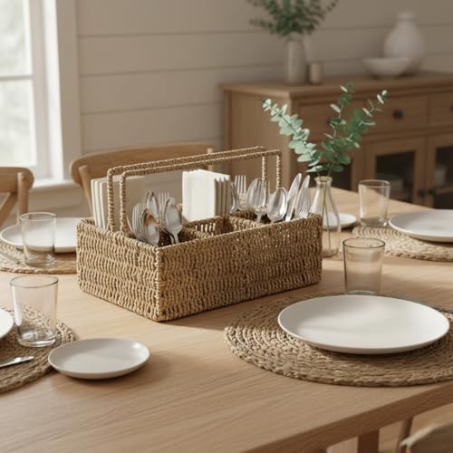 PEMAR Large L-Sized Hand Woven Utensil Caddy Carrier, Natural Jute Wicker Condiment Holder for Table, Kitchen Set Counter Top Silverware Organizer, Rustic Storage for Forks, Spoons, Seagrass