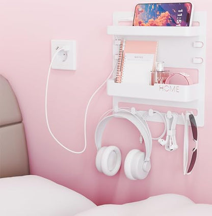Bedside Wall Organizer for Dorm Bed,Rv,Small Room and Nightstand,Wall Mounted Floating Shelves and Bedside Shelf for Remote,Phone Holder,Charging Shelf,Cute Bedroom Decor for College Girl,White