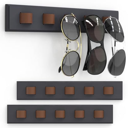 Durmmur Wooden Sunglass Organizer, Wall Mount/3M Adhesive Sunglasses Holder | Holds up to 15 Pairs, 3 Pack Sunglasses Rack Display for Hanging Your Multiple Eyeglasses, for Office, Home Decor(Dark Grey)