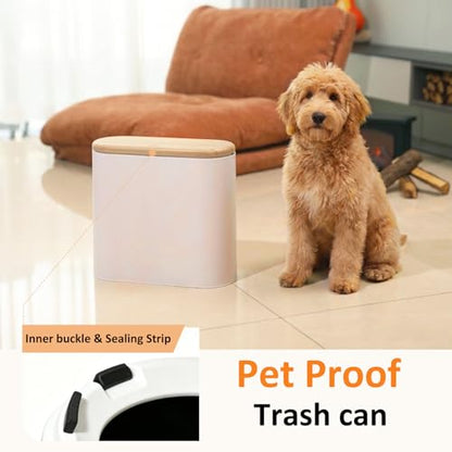 Small Bathroom Trash Can with Lid 2.6 Gallon, Slim Plastic White | Wastebasket, Odor & Pet Proof, Inner Bucket & Faux Wood Grain Top, For Kitchen, Bedroom, Living Room, Office, RV